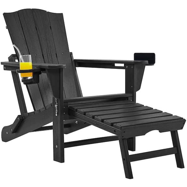 Yaheetech Adirondack Chair All Weather Outdoor Patio Folding Fire Pit Chair w/ Retractable Ottoman and Cup Holder, Black