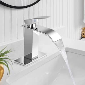 Waterfall Single Handle Single Hole Low-Arc Bathroom Faucet Bathroom Drip-Free Vanity Sink Faucet in Polished Chrome