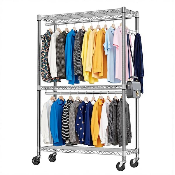 Chrome 3-Shelf Adjustable Steel Clothes Rack with Wheels Hanging Rods Side Hooks, 45.3 in. W x 79.6 in. H x 15.7 in. D