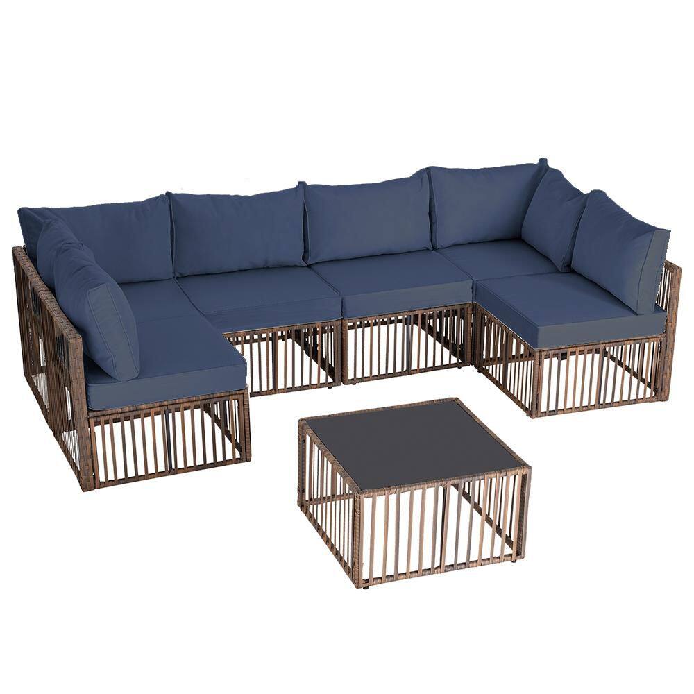 7-Piece Brown Wicker Outdoor Sofa Sectional Set Patio Conversation Set with Blue Cushions, Adjustable Backrests price history on PriceWatchPro