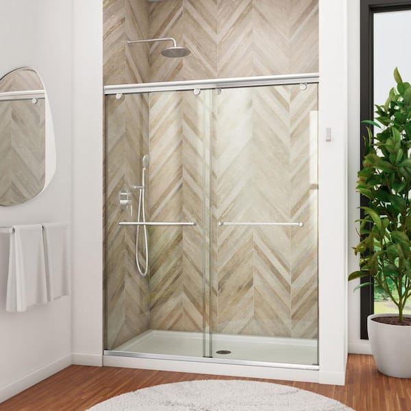 DreamLine Charisma 34 in. x 60 in. x 78.75 in. Semi-Frameless Sliding Shower Door in Chrome with Center Drain White Acrylic Base