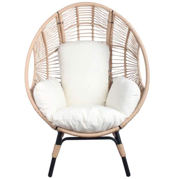 ITOPFOX Natural Patio Wicker Outdoor Egg Lounge Chair with Natural Color Rattan Beige Cushion (1-Pack)