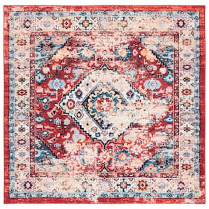 Riviera Red/Blue 7 ft. x 7 ft. Machine Washable Medallion Border Square Area Rug
