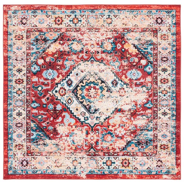 SAFAVIEH Riviera Red/Blue 7 ft. x 7 ft. Machine Washable Medallion Border Square Area Rug