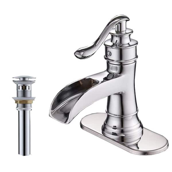 PERLIRIA INC Waterfall Single Hole Single-Handle Bathroom Faucet for Vessel Sink with Drain Assembly and Deck Plate Polished Chrome