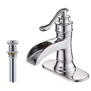 Waterfall Single Hole Single-Handle Bathroom Faucet for Vessel Sink with Drain Assembly and Deck Plate Polished Chrome