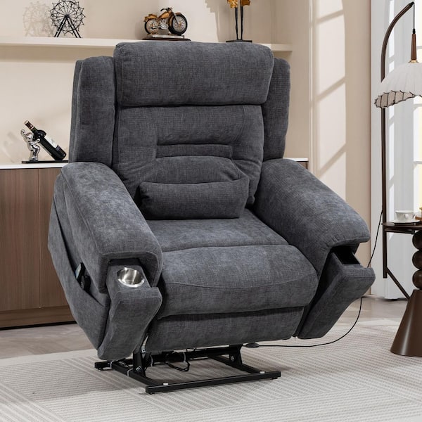 Flagship Dual Motor 28 in. W Oversized Gray Chenille Power Lift Recliner Chair w/Hidden Cup Holder & Wireless Charging