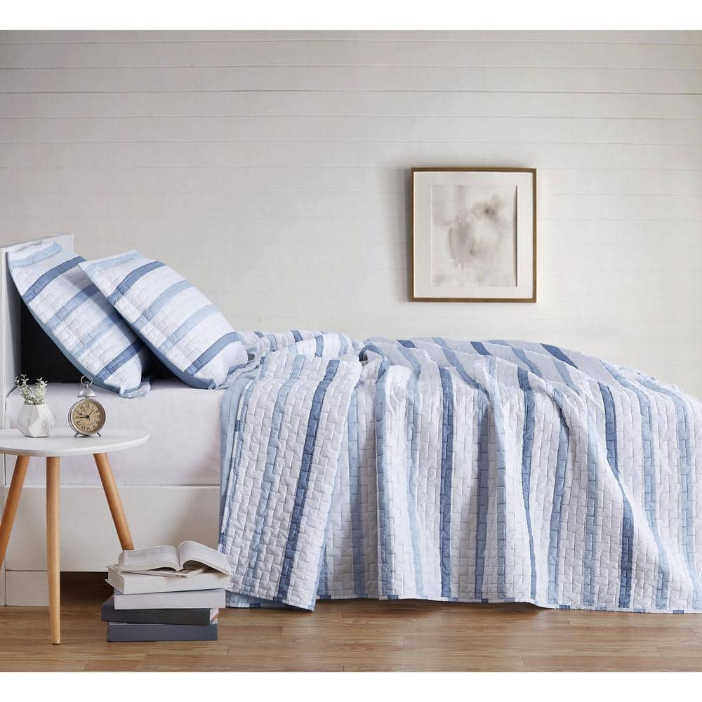 Cozy Waffle Stripe King Quilt Set in Blue - Microfiber Reversible