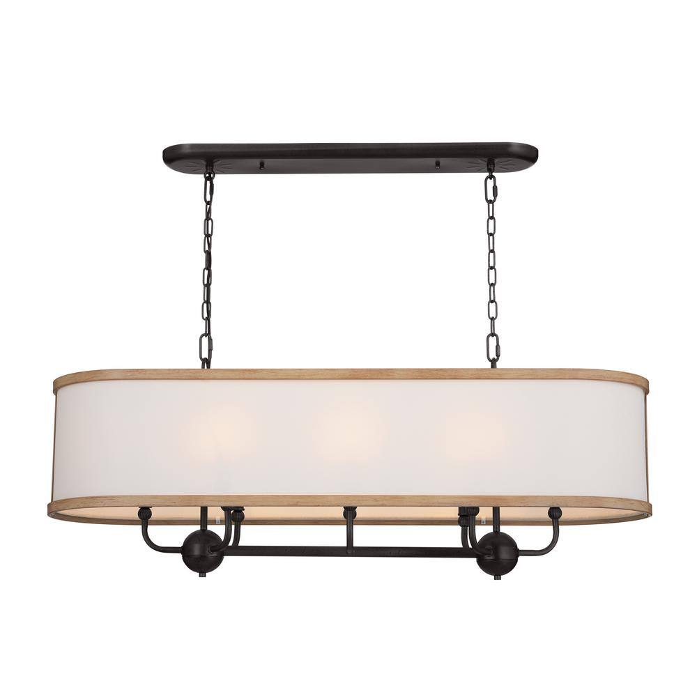 Anvil Iron and Beech Wood 8-Light Linear Chandelier with White Fabric Shade
