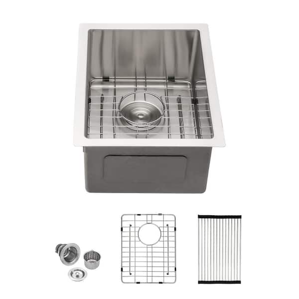 Sarlai 14 in. Undermount Single Bowl 16-Gauge Stainless Steel Round Corners Kitchen Bar Sink with Bottom Grid