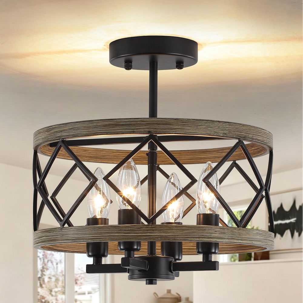 12.6 in. 4-Light Black/Brown Farmhouse Drum SSemi-Flush Mount Geometric Cage Industrial Ceiling Lamp for Hallway price history on PriceWatchPro