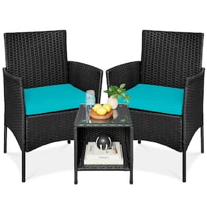 3-Piece Outdoor Wicker Conversation Patio Bistro Set, w/ 2-Chairs, Table, Cushions - Black/Teal