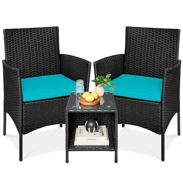 Best Choice Products 3-Piece Outdoor Wicker Conversation Patio Bistro Set, w/ 2-Chairs, Table, Cushions - Black/Teal