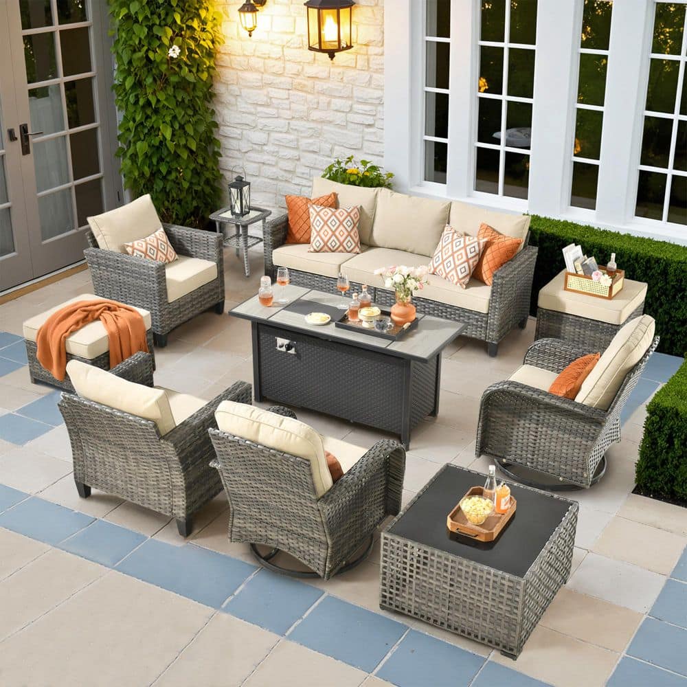 Gracia 10 Pieces Wicker Rectangular Fire Pit Sets and Swivel Rocking Chairs with Beige Cushion price history on PriceWatchPro