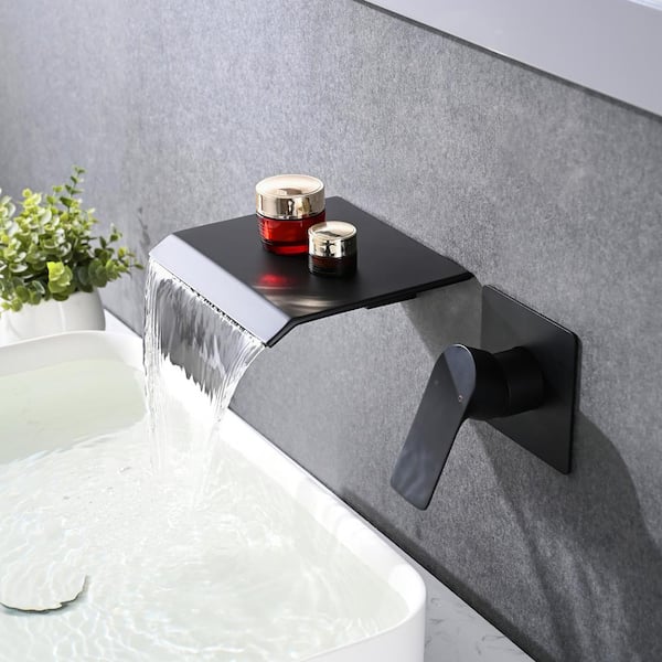 Black Waterfall Bathroom Widespread Mixer Faucet Wall Mount Single Handle Taps 