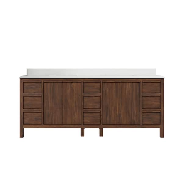 Willow Collections Elizabeth Teak 84 in. W x 22 in. D x 36 in. H Double Sink Bath Vanity in Dark Walnut with 1.5 in. White Qt. Top