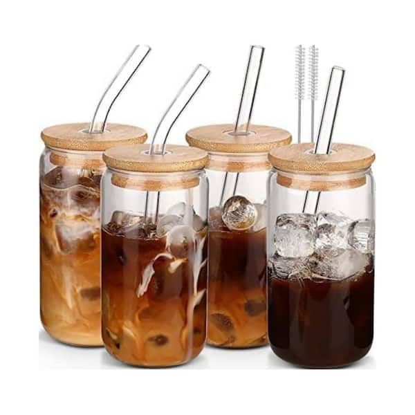 4-Piece 16 oz. Glass Cups with Lids and Straws, Reusable Borosilicate Glass Tumbler Set for Coffee Bar Accessories