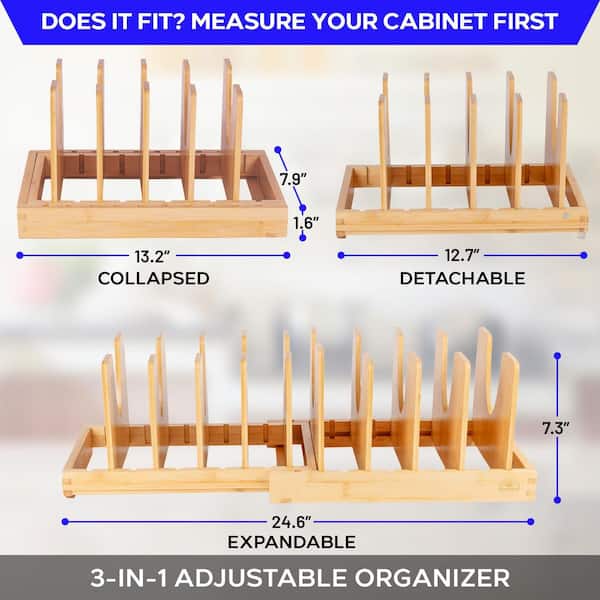 2 in 1 Bamboo Adjustable Dividers Pot and Pan Organizer with Magnetic Lock for Under Cabinet Kitchen, Natural