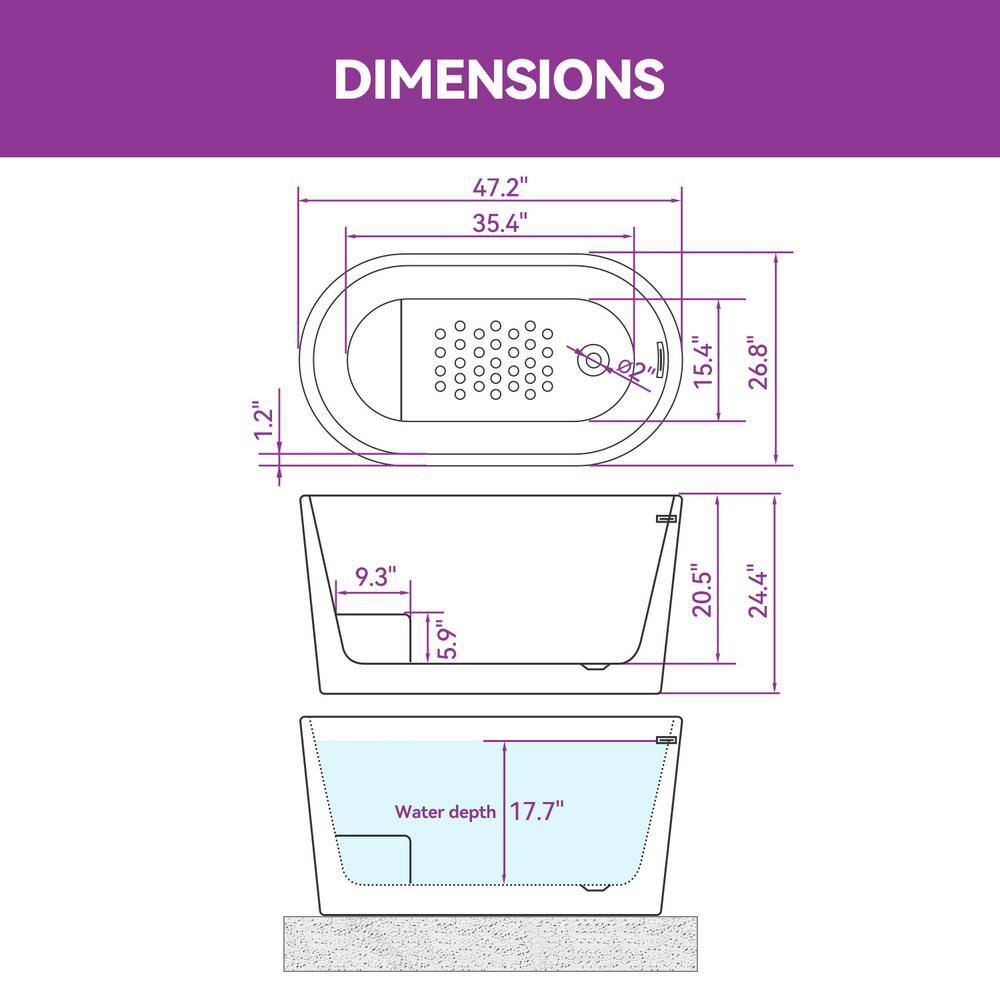 Selene 47'' Black Freestanding Acrylic Soaking Bathtub
