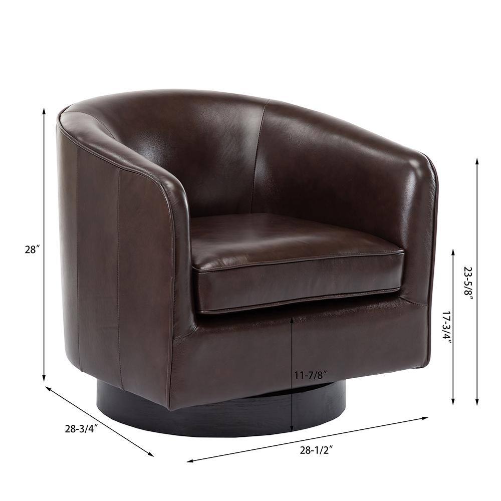 Transitional Black Top Grain Leather Swivel Barrel Chair with Wooden Base
