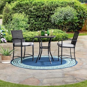 Barneys Collection Dark Brown Steel and Wicker Outdoor Height 3-Piece Bistro Set with Removable Cushions