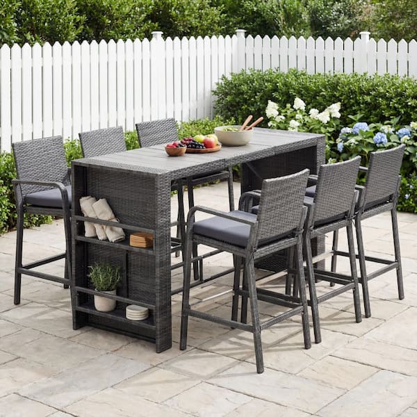 Gray 7-Piece PE Wicker Rectangular Bar Height Outdoor Serving Bar Set Patio Dining Set with Dark Gray Cushions