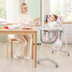 Pink Highchair for Babies and Toddlers with Rolling Wheels Adjustable Height Footrest