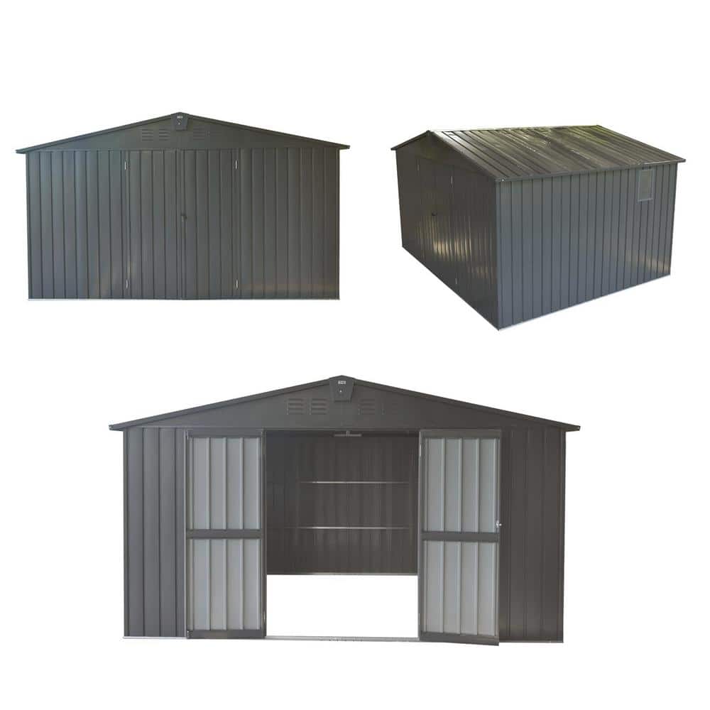 Large Gray Metal Outdoor Garden Shed with Double Doors and Windows
