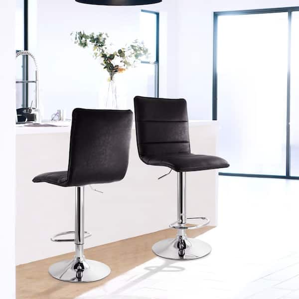 2 Piece 35 in. Vintage Faux Leather Adjustable Bar Stool in Black with Metal Base