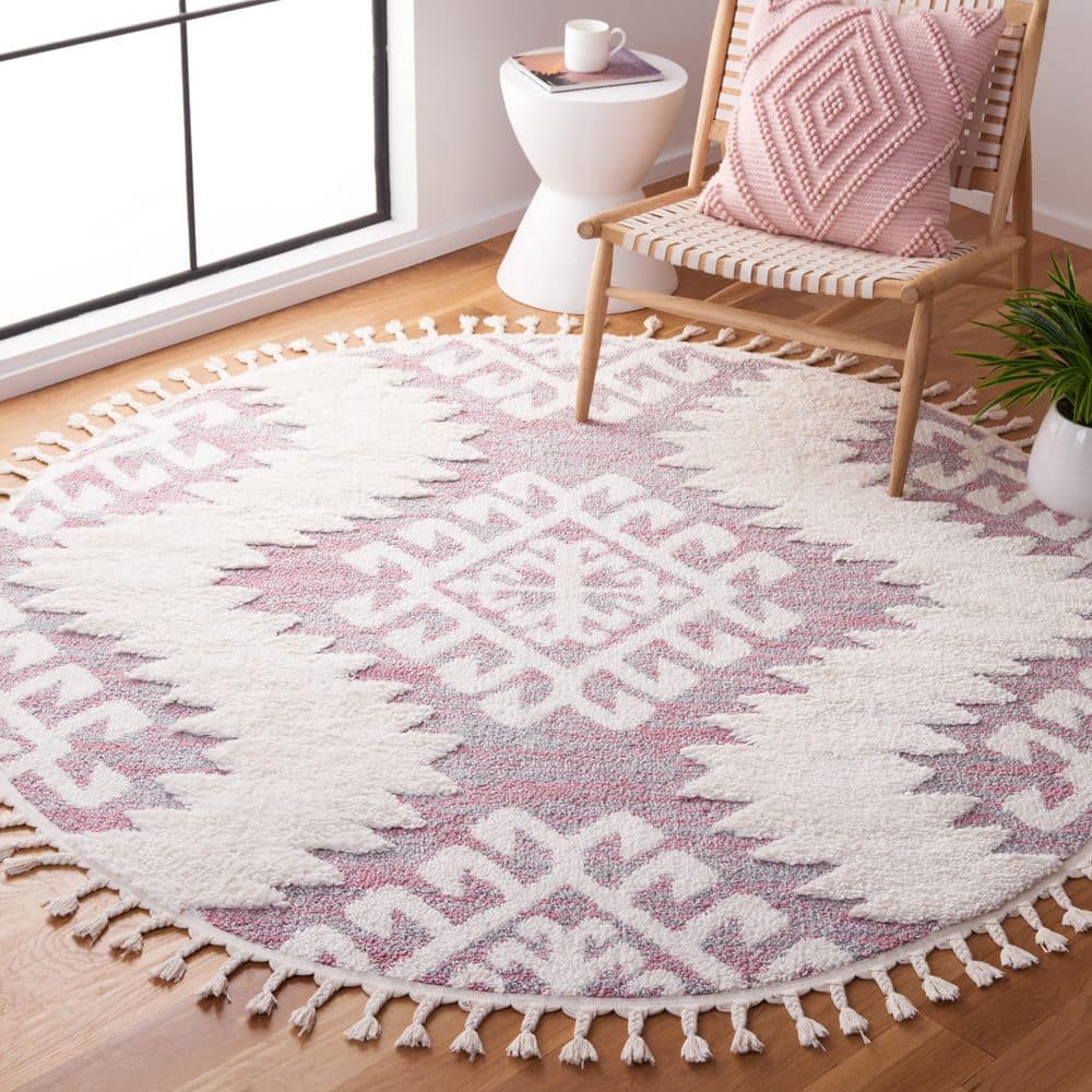 Moroccan Tassel Shag 7 ft. x 7 ft. Round Pink/Ivory Geometric Zig-Zag High-Low Area Rug price history on PriceWatchPro