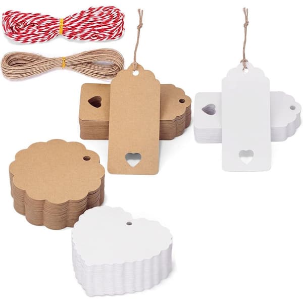 Unbranded 200Pack Gift Tags with Strings 3 Designs White Brown Blank Labels for Wedding Party Favor Crafts