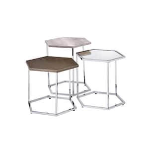15 in. Simno Nesting Tables in Clear Glass, Taupe, Gray Washed and Chrome