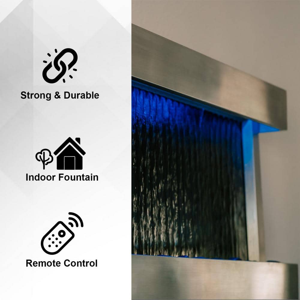 47" Black Glass Wall-Mounted Waterfall Fountain with LED Lights