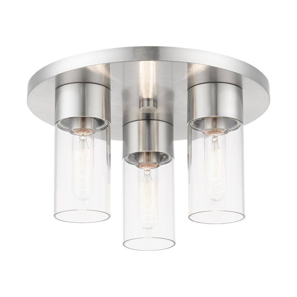 Sleek Brushed Nickel 3-Light Flush Mount with Clear Glass