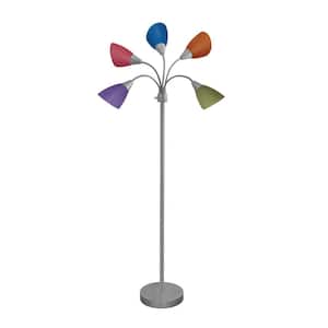 67 in. 5-Arm Silver Floor Lamp with Multi-Color Shades