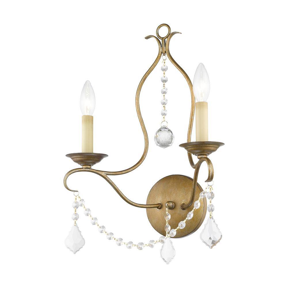 Elegant Antique Gold Leaf Dual-Light Wall Sconce with Crystal Accents