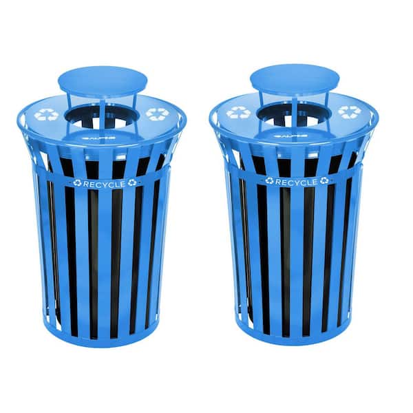 38 Gal. Blue Outdoor Metal Slatted Commercial Recycling Bin Receptacle with Rain Bonnet Lid (2-Pack)