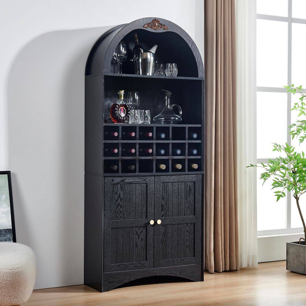 Black 70.86 in. H MDF Wood Arched Storage Wine Cabinet with Removable Wine Rack and 2 Doors