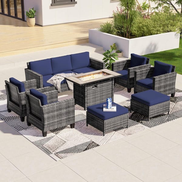 8-Pieces Patio Conversation Set with Rectangle Fire Pit Table and Ottomans, Gray Wicker Sofa with Navy Blue Cushion