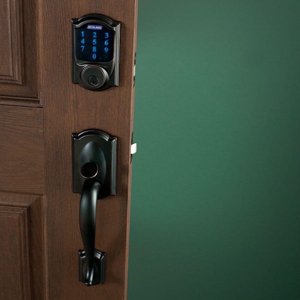 Camelot Connect Z-Wave Plus Smart Deadbolt in Satin Nickel with Alarm and Custom Alexandria Glass Knob Handleset