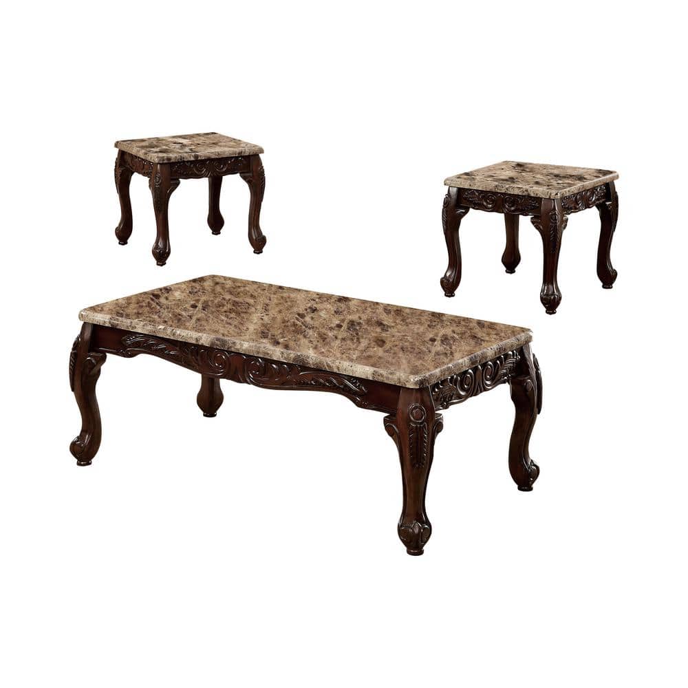Furniture of America Semoleah 3-Piece 48 in. Dark Oak and Ivory Rectangle Faux Marble Coffee Table Set -  IDF-4487-3PK