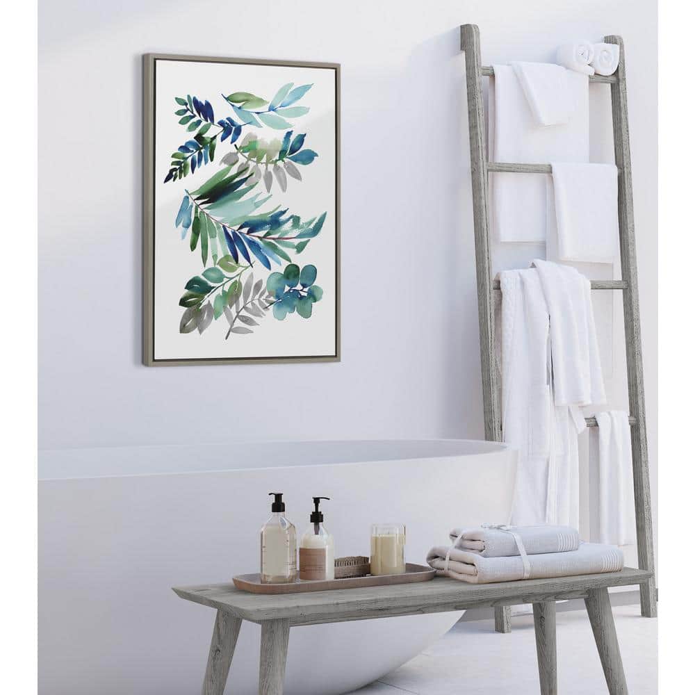 Tropic Leaves Blue Framed Canvas Wall Art, 36" x 27"
