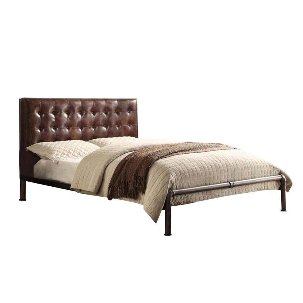 Vintage Brown Top Grain Leather Queen Bed with Tufted Headboard
