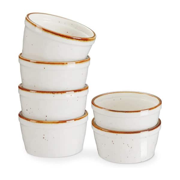 6-Piece Speckled Cream Brown Rim Ceramic Ramekin Set Oven Safe Lead-Free for Baking Souffle Pot Pie Dessert