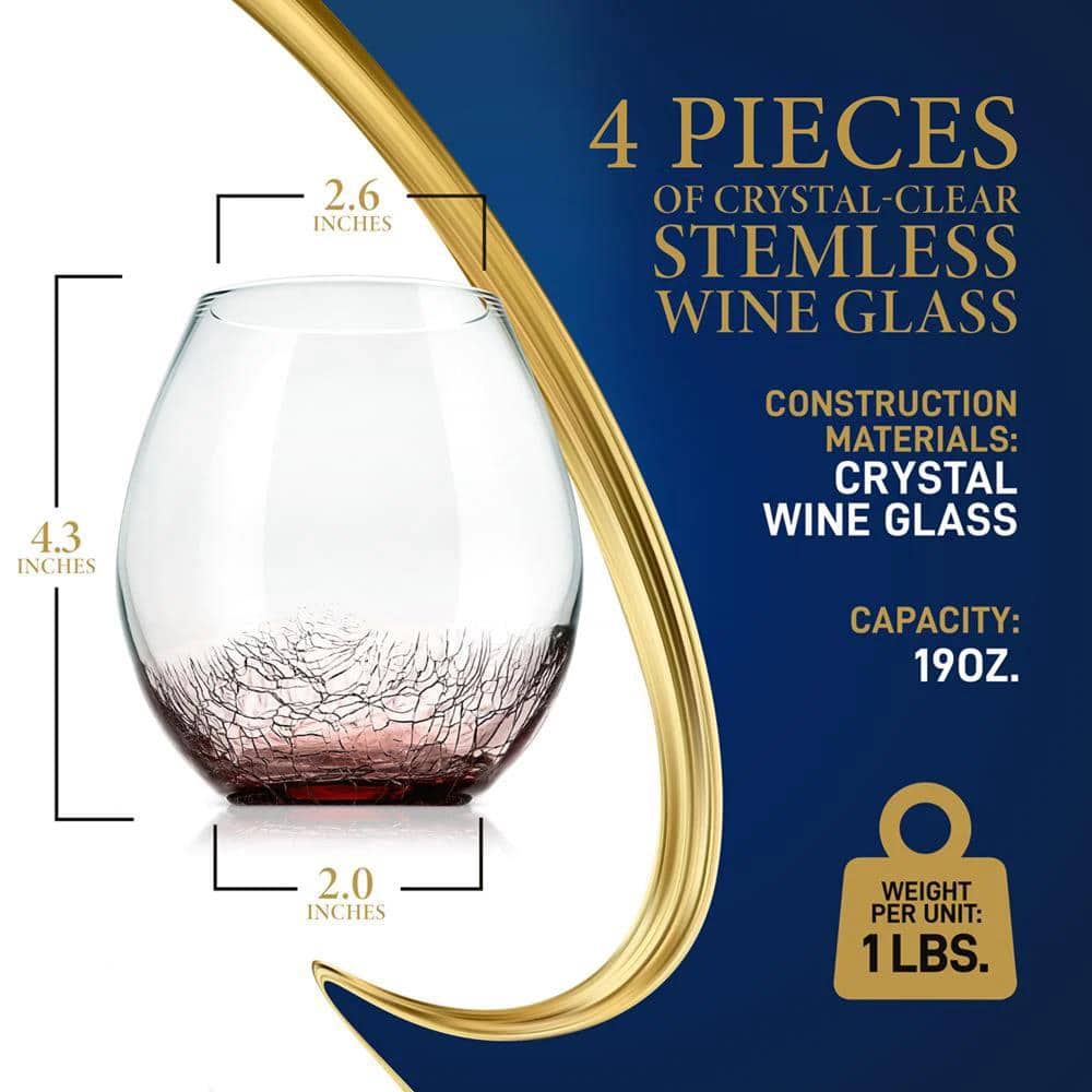 Hand-Blown Crystal Stemless Wine Glasses with Ice Crack Effect, Set of 4