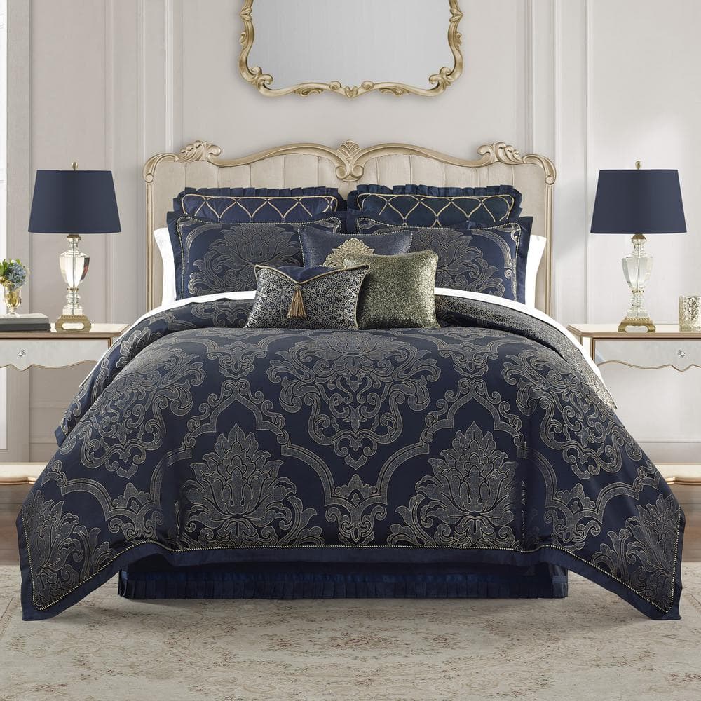 Navy, Baby Blue Damask Bedding Set in Full Queen King, Damask Print Cotton  Sateen Moroccan Style, Boho Bedding, 6 Pc Duvet Cover & Sheet Set 