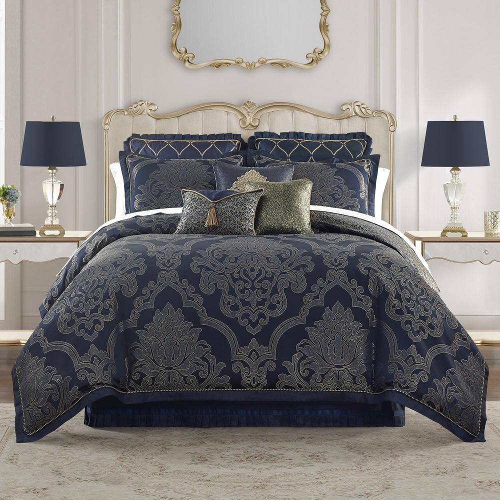WATERFORD Vaughn 6 Piece Navy Damask Polyester Queen Comforter Set