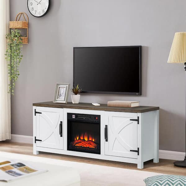 Farmhouse 58 in. Freestanding Media Console Electric Fireplace TV Stand in White with Brown Top