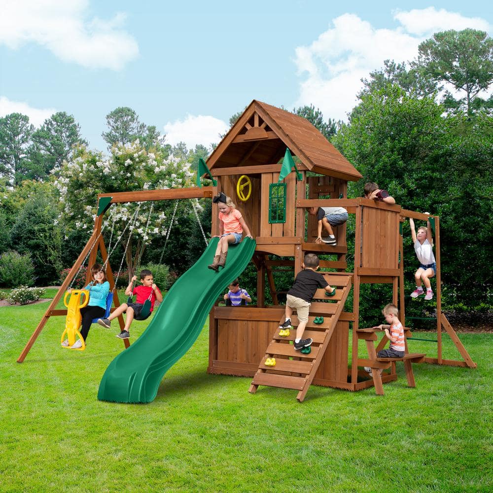 Knightsbridge Ultimate Wood Backyard Swing Set with Slide and Climbing Wall