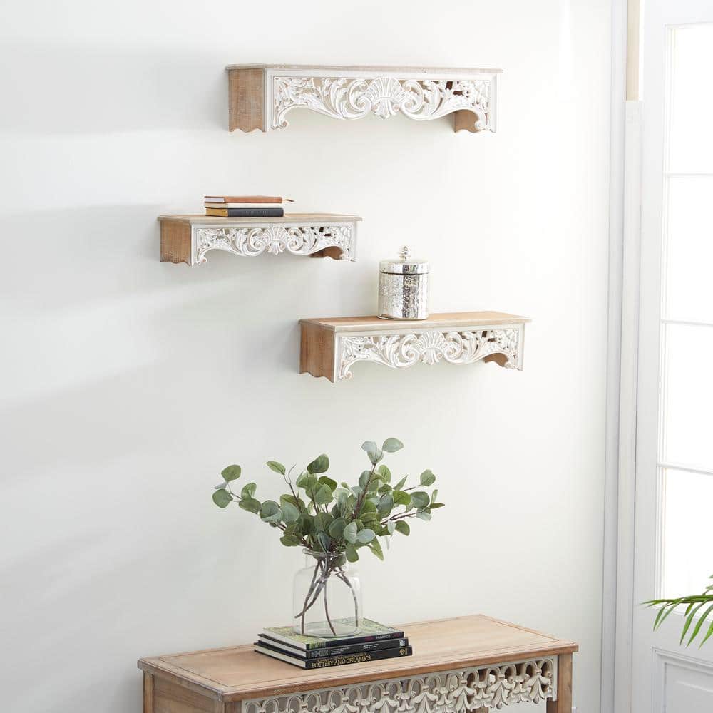 Elegant Carved Brown Wood 3-Tier Floating Wall Shelf Set